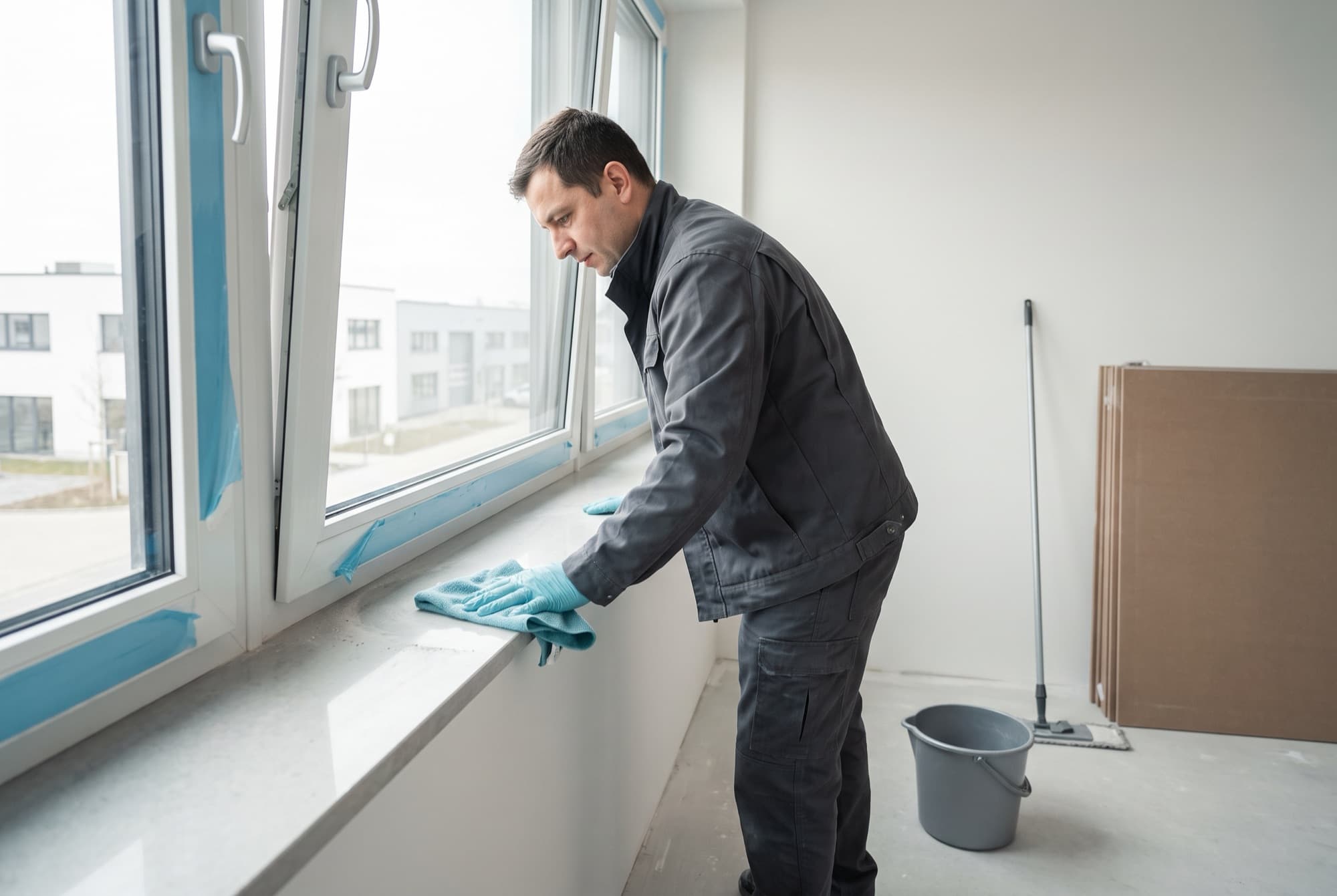 Eine Reinigungskraft entfernt Baustaub von einer neuen Fensterbank in einem frisch fertiggestellten Raum.