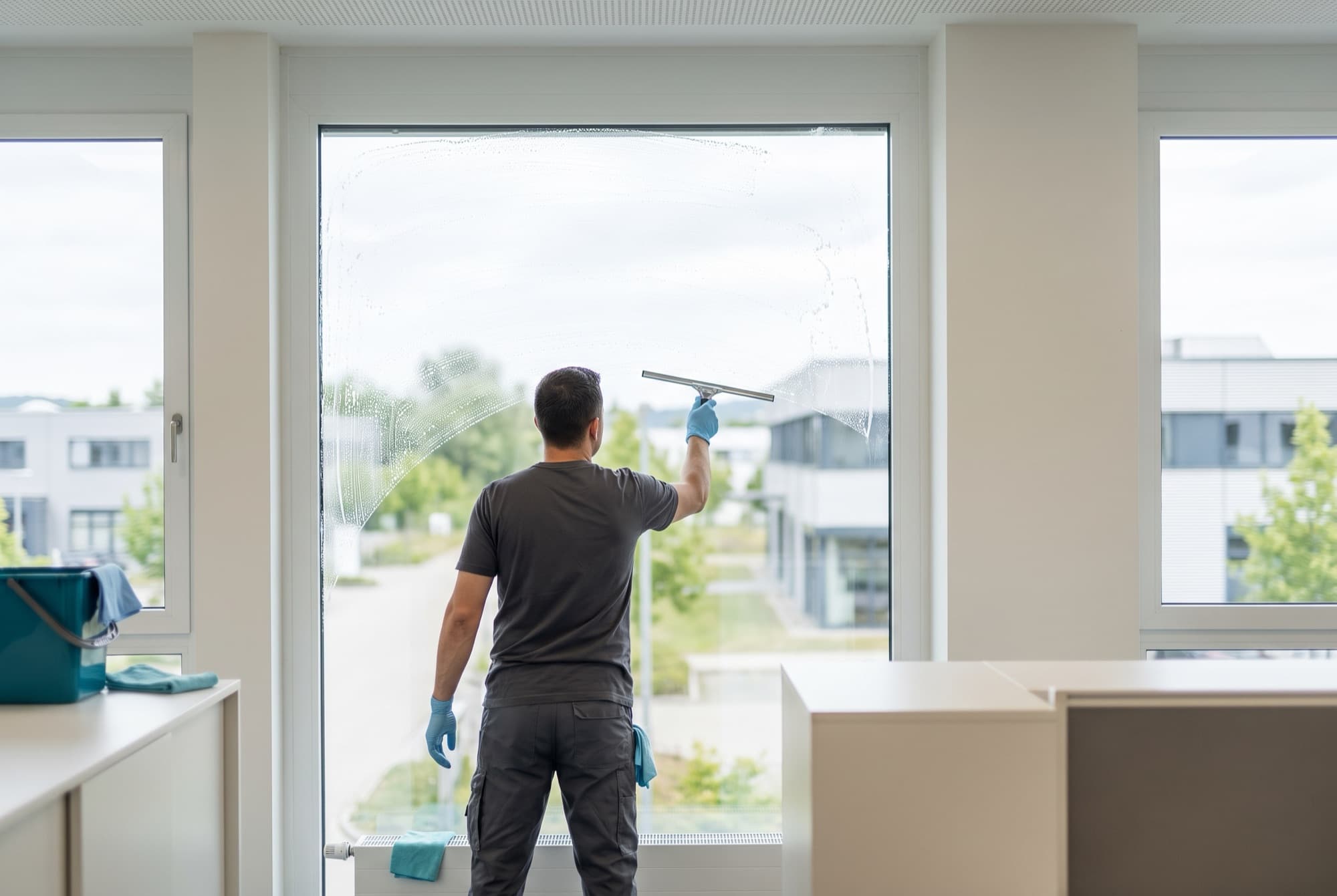 Eine Reinigungskraft zieht mit einem Abzieher Seifenwasser von einer großen Fensterfläche, dahinter ein Gewerbegebiet.