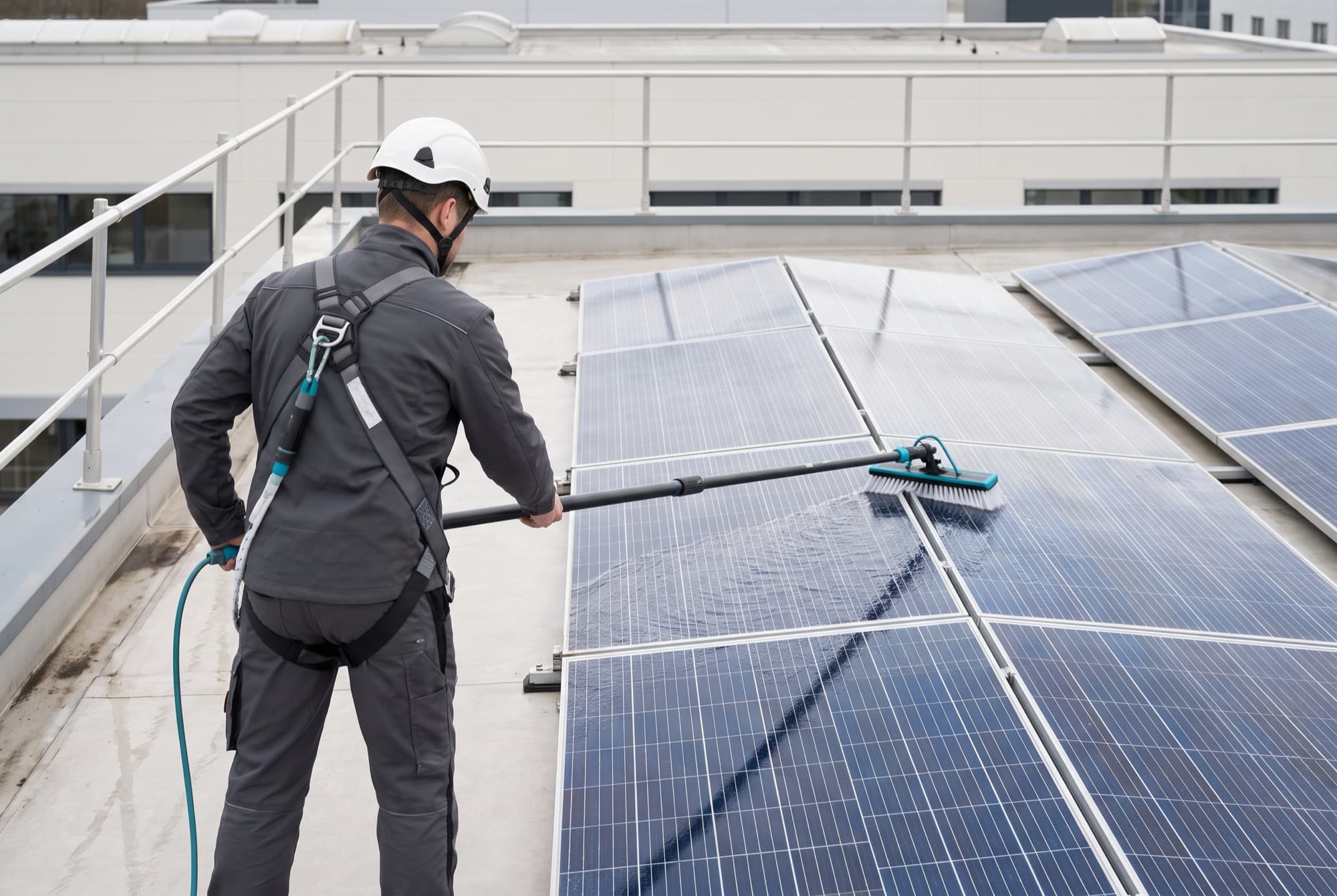 Ein gesicherter Techniker reinigt Photovoltaikmodule auf einem Flachdach mit einer Bürste an einer Teleskopstange.